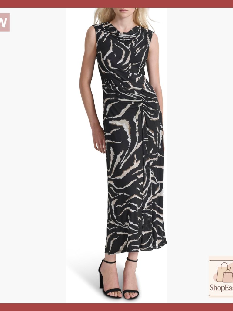 Sleeveless Cowl Neck Mesh Ruched Maxi Dress Elegant Chic Evening Wear